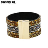 Rhinestone Leathers Cuff Bracelet Bohemia Magnetic Clasp Crystal Spring