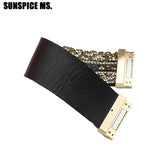 Rhinestone Leathers Cuff Bracelet Bohemia Magnetic Clasp Crystal Spring