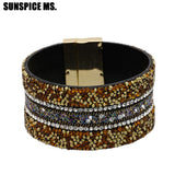 Rhinestone Leathers Cuff Bracelet Bohemia Magnetic Clasp Crystal Spring