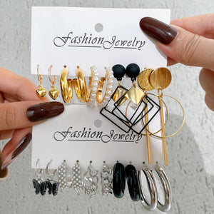 Metal Resin Earrings Set Retro Circle Pearl Heart Drop Jewelry