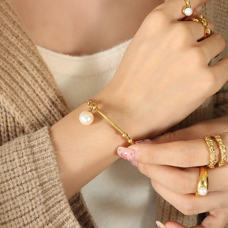 Stainless Steel Pearl Cuff Bangle Bracelet for Women