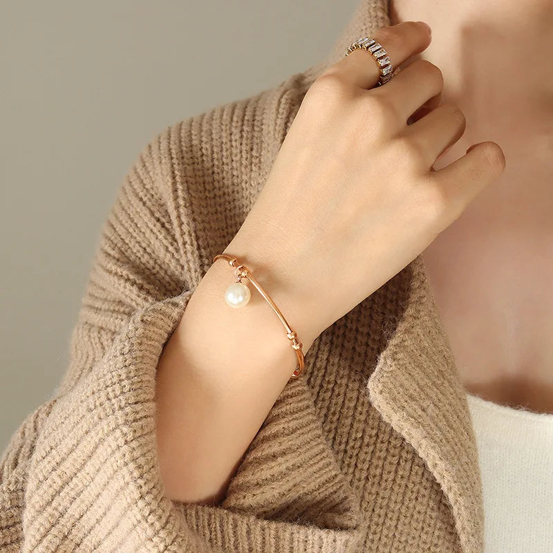 Stainless Steel Pearl Cuff Bangle Bracelet for Women
