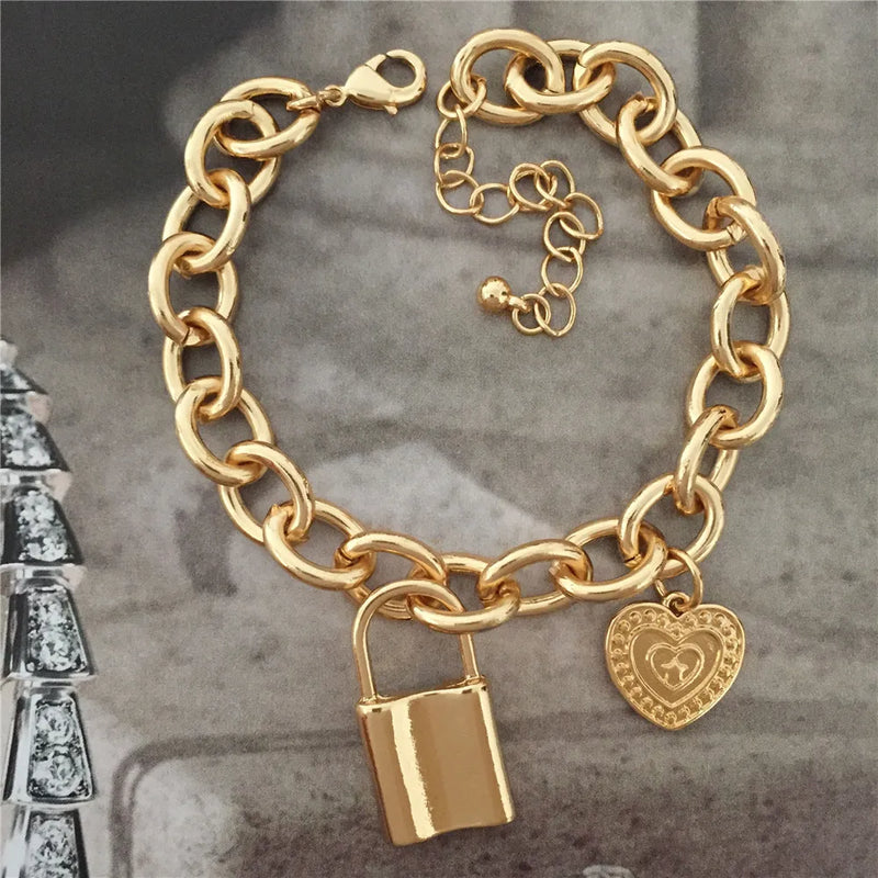 Heart Engraved Charm Bracelet Chunky Boho Modern Jewelry