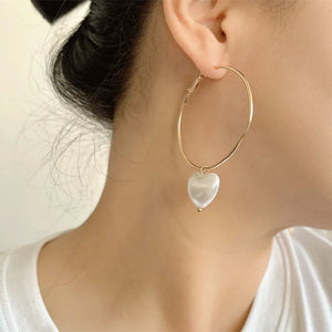 Pearl Heart Charm Clear Stone Hoop Earrings for Women