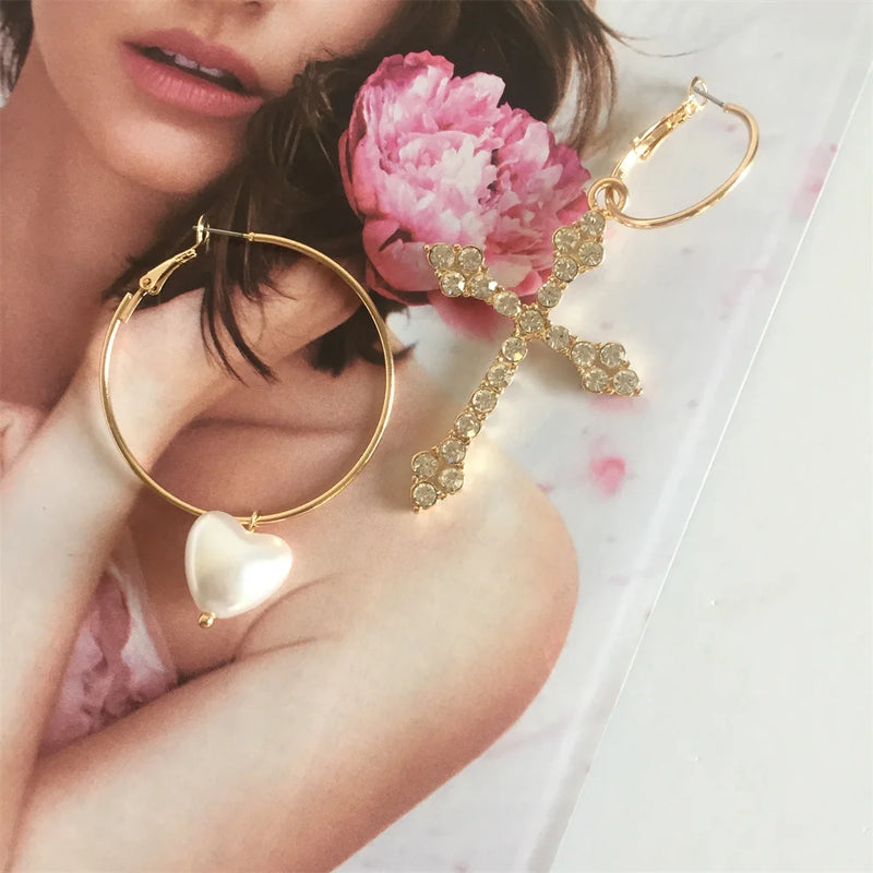 Pearl Heart Charm Clear Stone Hoop Earrings for Women