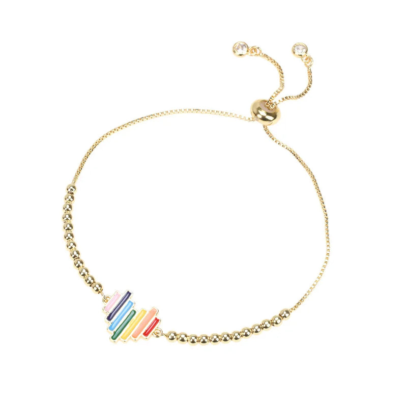 Plated Beads Chain Enamel Heart Charm Rainbow Pendant Bangle