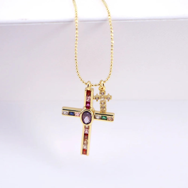 Plated Copper Heart Cross Necklace Pendant Cubic Zirconia Jewelry