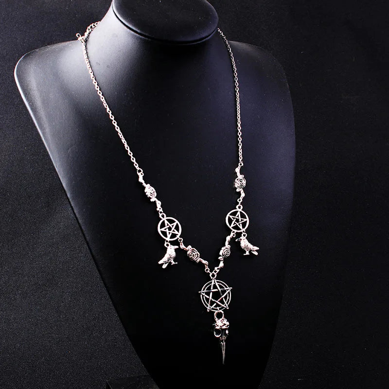 Gothic Witchcraft Pendant Necklace Pentagram Bird Skull Chain Pagan Goth Jewelry