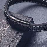 Grid Texture Stainless Steel Leather Bracelet Magnetic Buckle