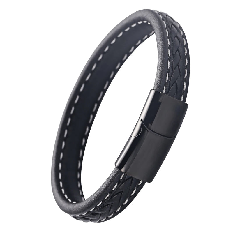 Grid Texture Stainless Steel Leather Bracelet Magnetic Buckle