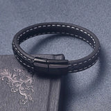 Grid Texture Stainless Steel Leather Bracelet Magnetic Buckle