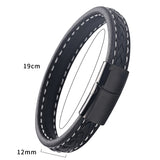 Grid Texture Stainless Steel Leather Bracelet Magnetic Buckle