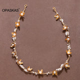 Wedding Flower Headband Women Pearl Bridal Hair Accessories Golden Tiara Jewelry