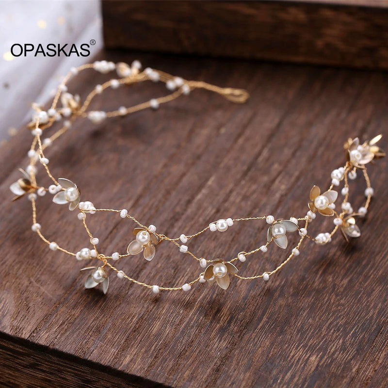 Wedding Flower Headband Women Pearl Bridal Hair Accessories Golden Tiara Jewelry