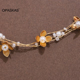 Wedding Flower Headband Women Pearl Bridal Hair Accessories Golden Tiara Jewelry