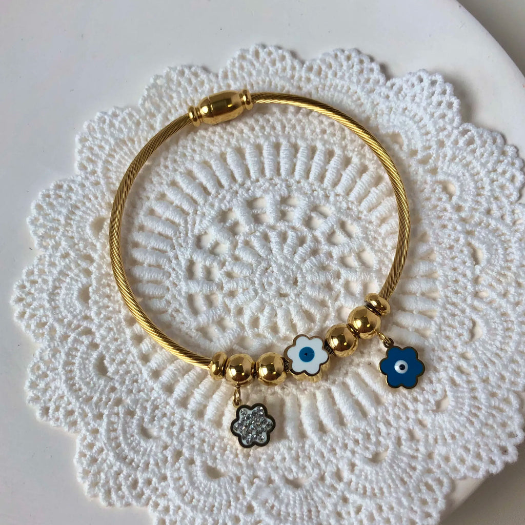 Vintage Evil Eye Stainless Steel Bangle Bracelet with Zircon