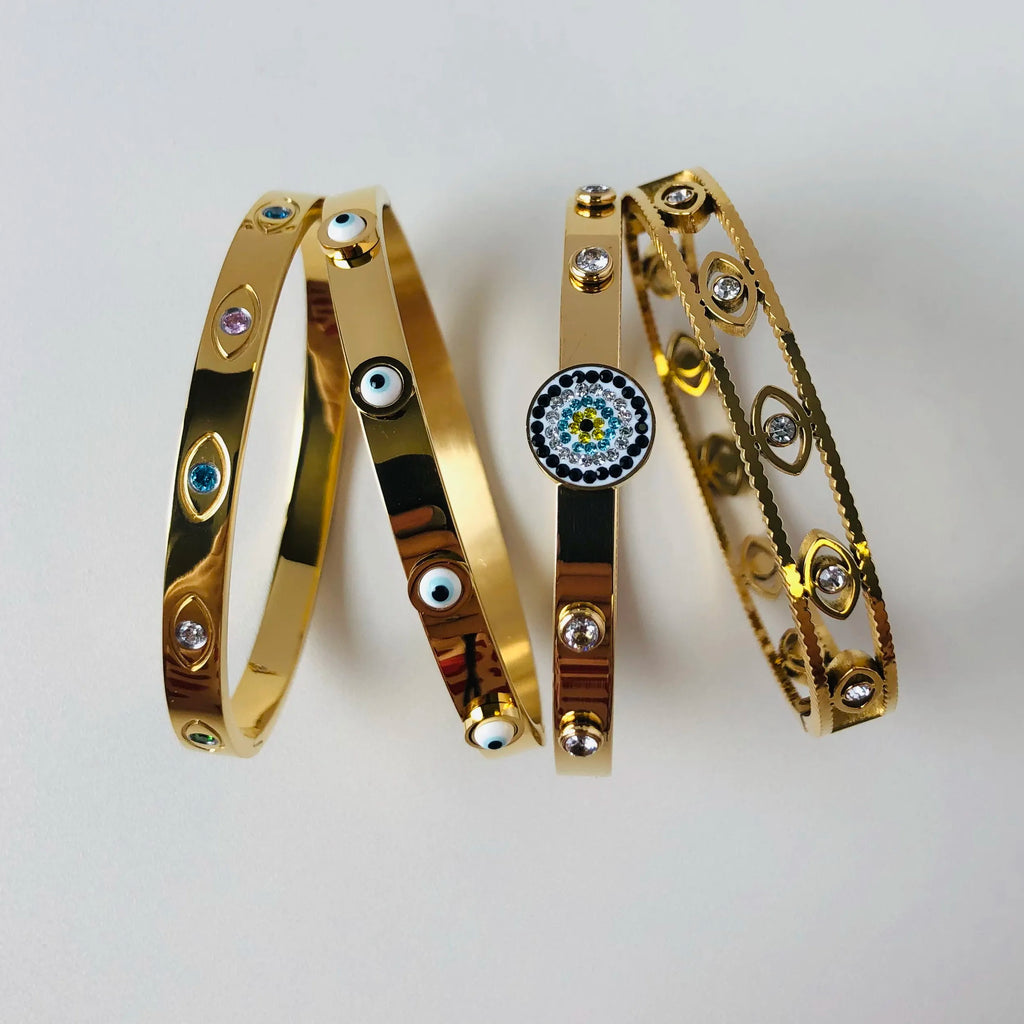 Vintage Evil Eye Stainless Steel Bangle Bracelet with Zircon