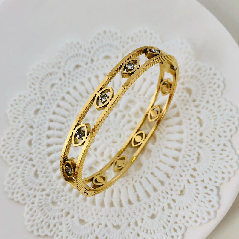Vintage Evil Eye Stainless Steel Bangle Bracelet with Zircon