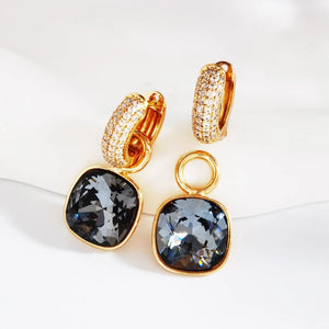 Crystal Hoop Earrings with Square Charm - Girls Birthday Gift
