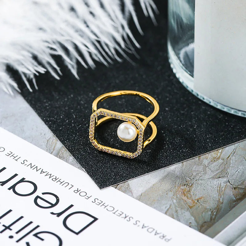 Pearl and Zircon Ring Open Adjustable Finger Ring