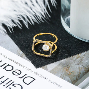Pearl and Zircon Ring Open Adjustable Finger Ring