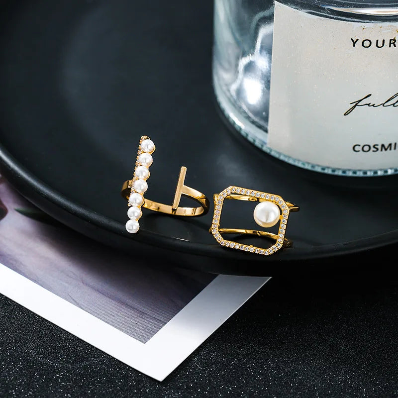 Pearl and Zircon Ring Open Adjustable Finger Ring