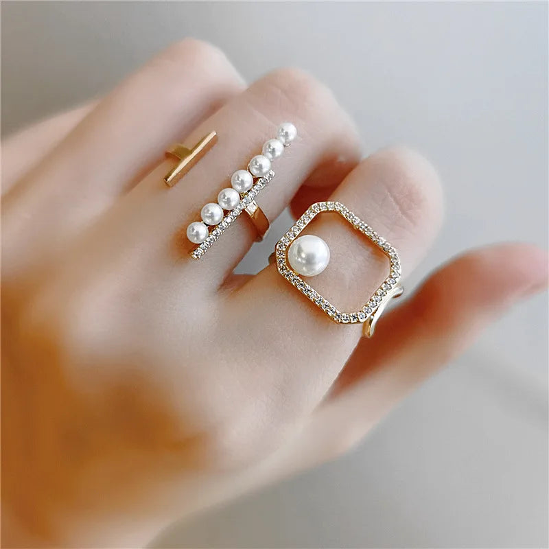 Pearl and Zircon Ring Open Adjustable Finger Ring
