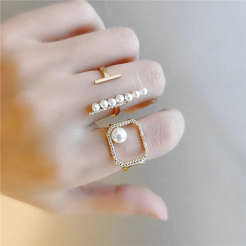 Pearl and Zircon Ring Open Adjustable Finger Ring