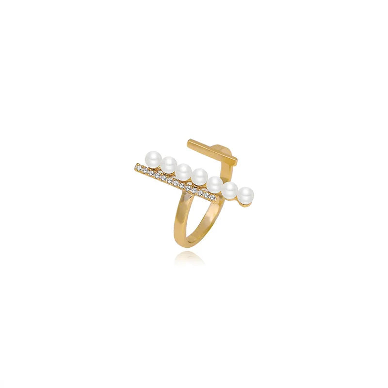 Pearl and Zircon Ring Open Adjustable Finger Ring