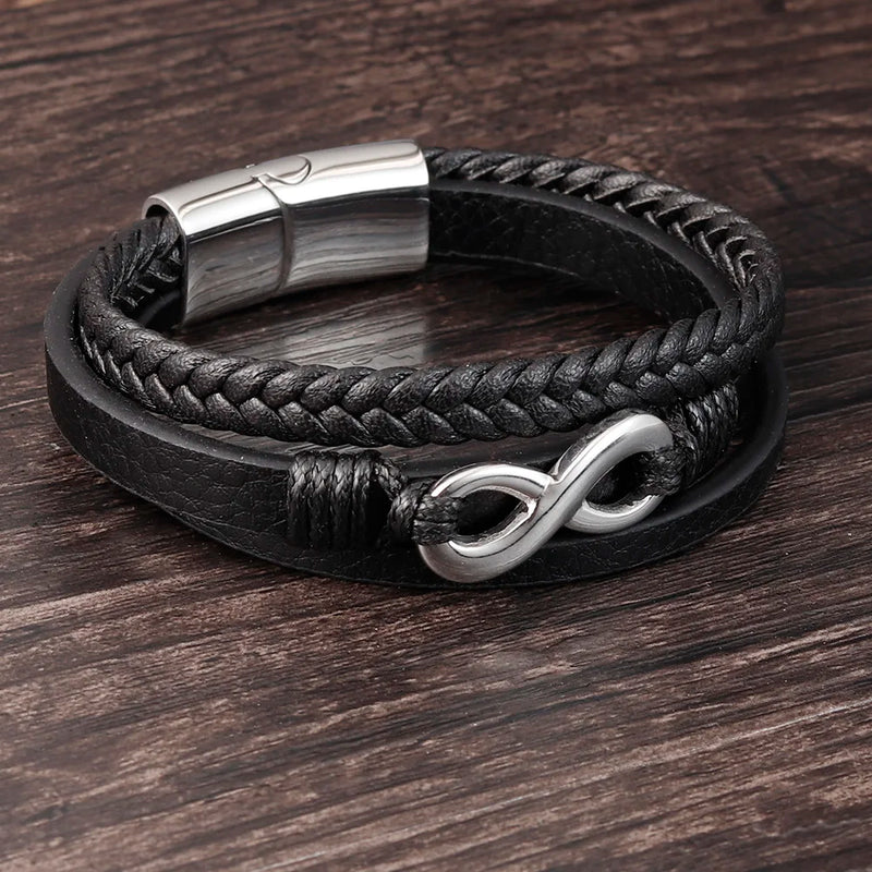 Men's Leather Bracelet Stainless Steel Multilayer Chain