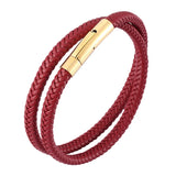 Red Double Layer Leather Rope Bracelet Stainless Steel Buckle Charm Wrist Band