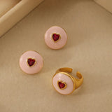 Sweet Pink Jewelry Set: Heart Earrings & Adjustable Rings for Women