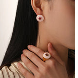 Sweet Pink Jewelry Set: Heart Earrings & Adjustable Rings for Women