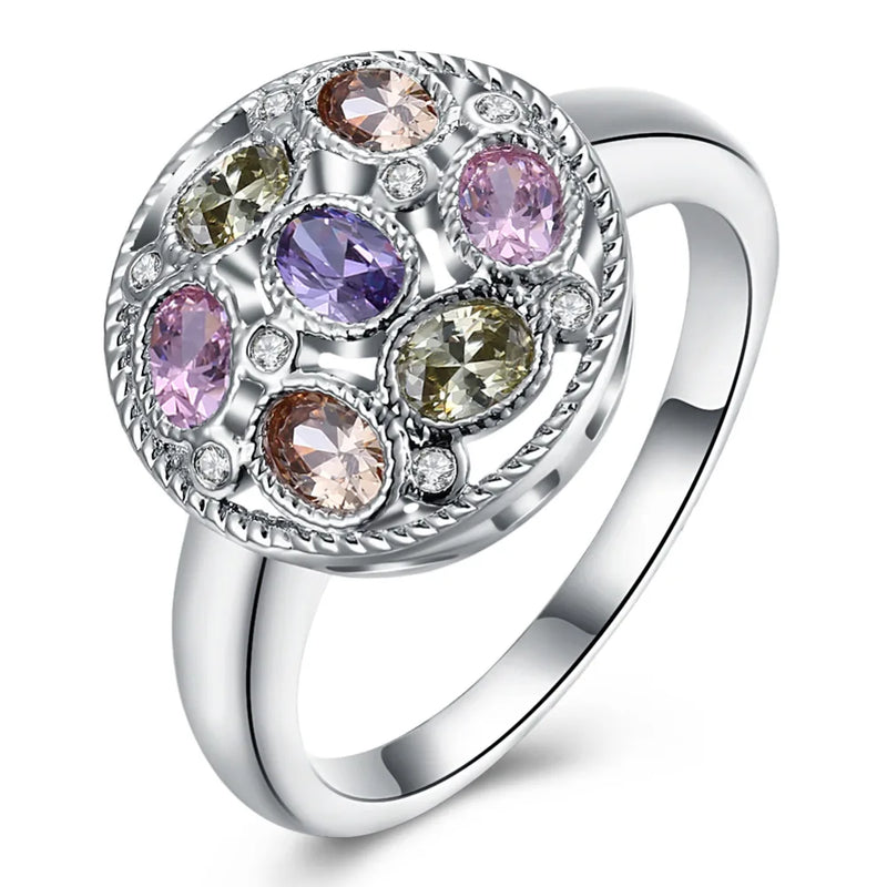 Silver Ring Pink Purple Yellow Champagne Stone AR2118