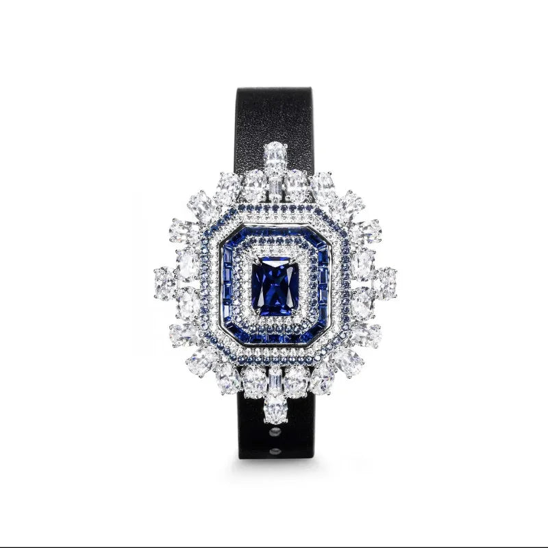 Lab Sapphire Diamond Bangle Bracelet Leather 925 Sterling Silver