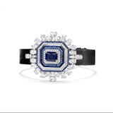 Lab Sapphire Diamond Bangle Bracelet Leather 925 Sterling Silver