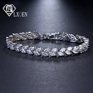 Leaf Charm CZ Bracelet for Bride Sliver Clear Crystal Bangles