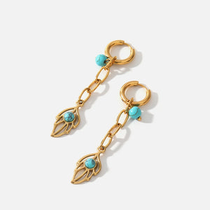 Leaf Shaped Long Hoop Earrings Turquoise Stainless Steel 18K