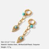 Leaf Shaped Long Hoop Earrings Turquoise Stainless Steel 18K