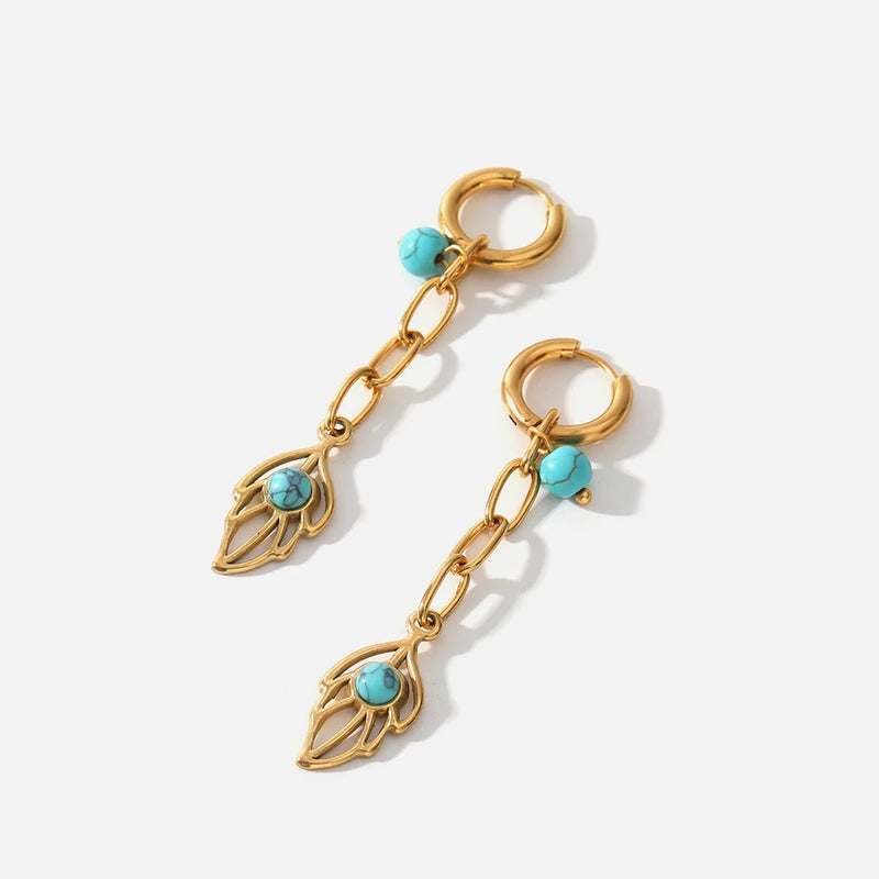Leaf Shaped Long Hoop Earrings Turquoise Stainless Steel 18K