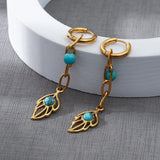 Leaf Shaped Long Hoop Earrings Turquoise Stainless Steel 18K