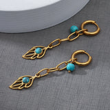 Leaf Shaped Long Hoop Earrings Turquoise Stainless Steel 18K