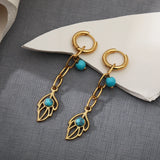 Leaf Shaped Long Hoop Earrings Turquoise Stainless Steel 18K