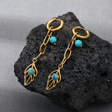 Leaf Shaped Long Hoop Earrings Turquoise Stainless Steel 18K