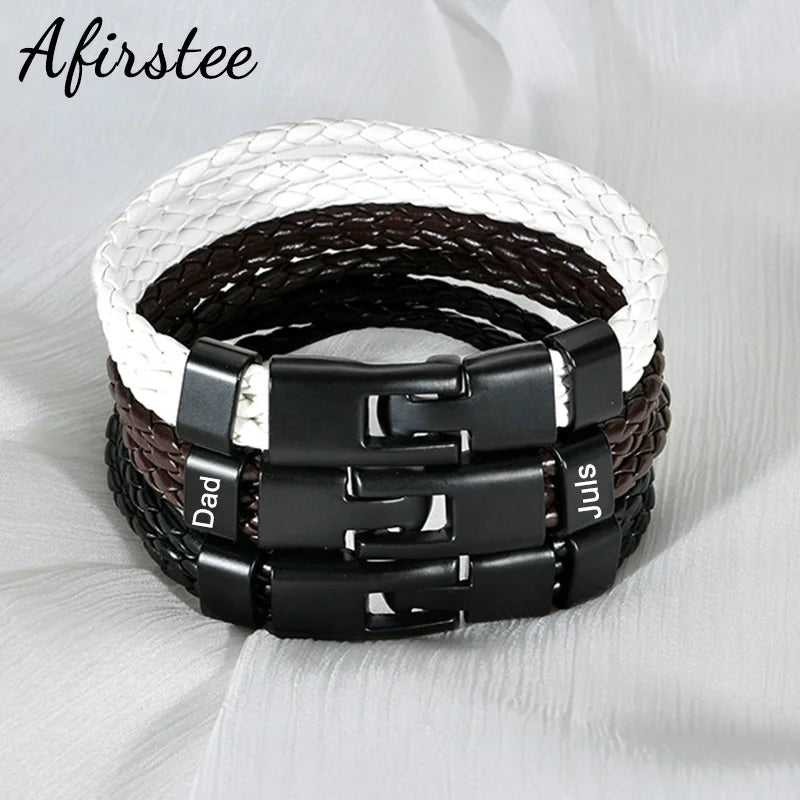 Personalized Leather Braided Bracelet with Name, 3 Colors Rope Bangle for Men