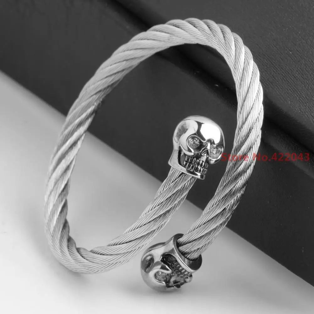 Stainless Steel Cuff Skull Heads Bracelet Silver Wire 22.5mm Gift