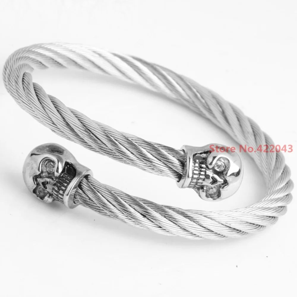 Stainless Steel Cuff Skull Heads Bracelet Silver Wire 22.5mm Gift