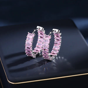 Pink Crystal Circle Hoop Earrings Women's Party Jewelry