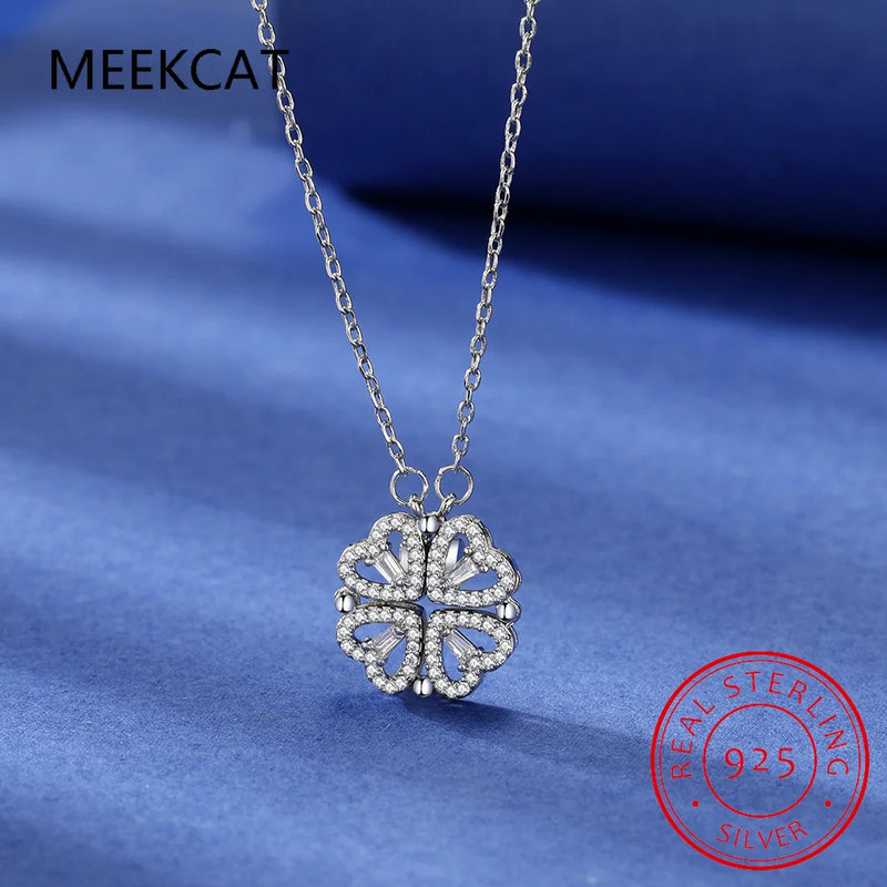 Magnetic 925 Silver Zircon Heart Clover Pendant Necklace Women Jewelry