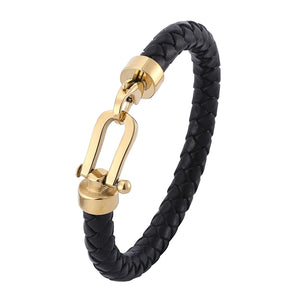Men's Leather Bracelet Stainless Steel Horseshoe Lobster Clasp SP0760